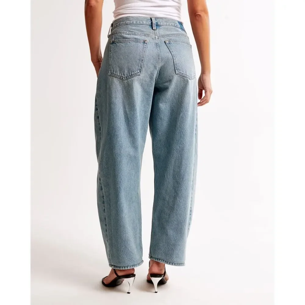 Abercrombie & Fitch Curve Love Mid Rise Barrel Jeans Blue Size 28R - Picture 2 of 12